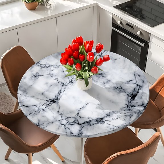Abstract Marble Stone Texture Round Fitted Tablecloth with Elastic Edge,Waterproof Table Cloth Fits Tables Up to 36"-44",Wipeable Table Cover for Indoor Outdoor Dinning Party,Natural Crack Gray Rock