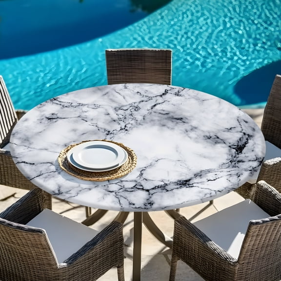 Abstract Marble Stone Texture Round Fitted Tablecloth with Elastic Edge,Waterproof Table Cloth Fits Tables Up to 45"-54",Wipeable Table Cover for Indoor Outdoor Dinning Party,Natural Crack Gray Rock