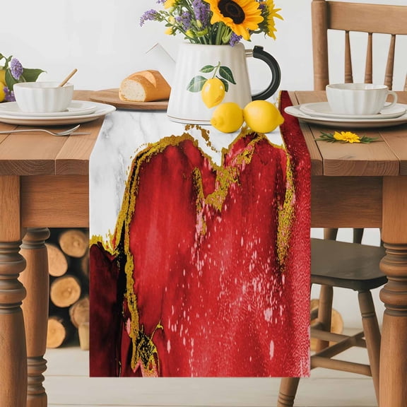 Abstract Marble Stone Texture Table Runner 36 Inches Long, Modern Red Gold White Table Runners Tabletop Scarf Kitchen Dining Tables Decoration for Home Party Indoor Outdoor