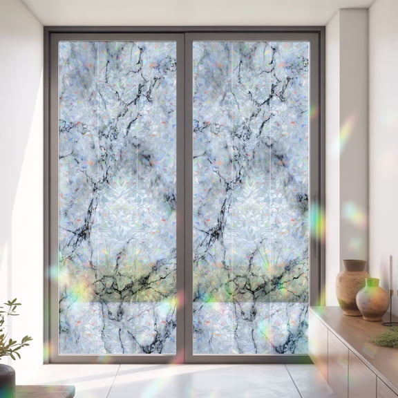 Abstract Marble Stone Texture Window Privacy Film, Rainbow Film Decorative Window Sticker 35.4x78.7in, Natural Crack Gray Rock Sun Blocking Static Stained Glass Cling Tint Non-Adhesive