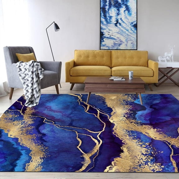 Abstract Marble Swirl Royal Blue Gold Area Rug, Modern Design Carpet, Washable Non Slip Soft Pile, Living Room Bedroom Dining Room Office Kitchen Hallway Mat 5x8ft