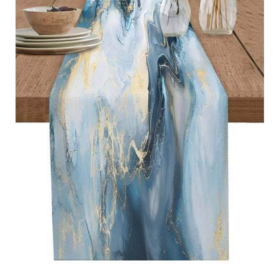 Abstract Marble Table Runner-Cotton Linen- 108 Inch Holiday Dresser Scarves, Turquoise Blue Ocean Waves Gradient Tablerunner for Kitchen Coffee/Dining Bedroom Living Room Dinner Scarf Décor 13x108