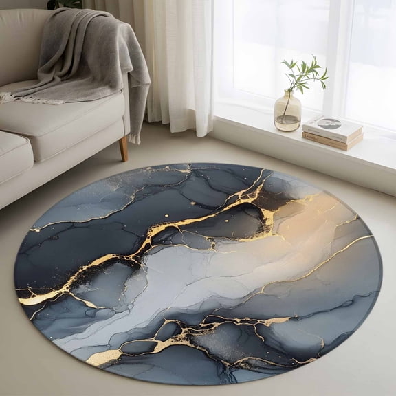 Abstract Marble Texture 3FT Round Area Rugs for Living Room 111 Grey Shinny Gold Gradient Art Ultra-Thin Non-Slip Round Rugs Machine Washable Low Pile Circle Carpet for Bedroom Kitchen Nursery