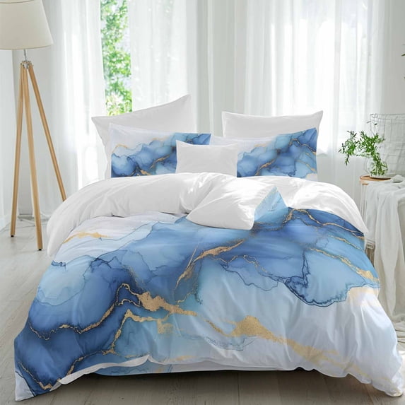 Abstract Marble Texture 4 Piece Duvet Cover Set Queen Size Gold Blue ...