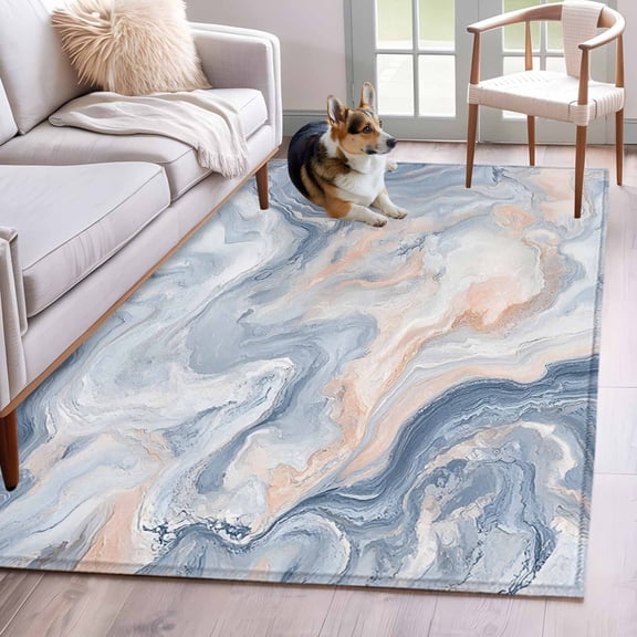Abstract Marble Texture 4x6 Area Rugs for Living Room, Blue Gray Tone Vortex Effect Non Slip Floor Mat Washable Low-Profile Indoor Carpet for Bedroom, Dining Room, Bathroom