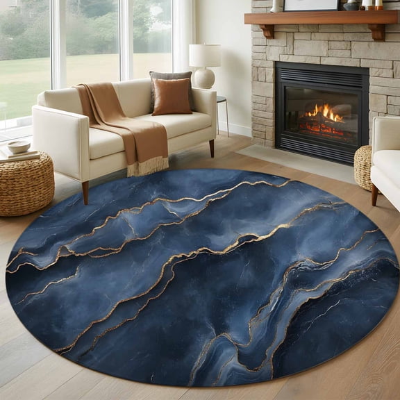 Abstract Marble Texture 7FT Round Area Rugs for Living Room 111 Deep Blue Gold Crack Art Ultra-Thin Non-Slip Round Rugs Machine Washable Low Pile Circle Carpet for Bedroom Kitchen Nursery