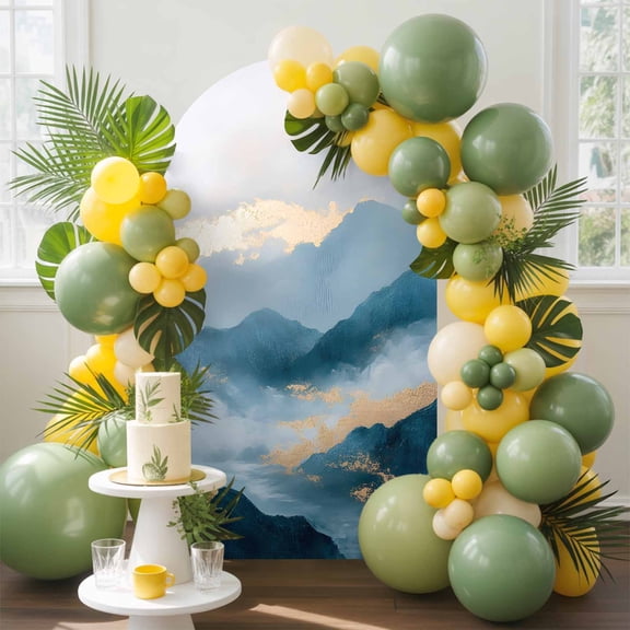 Abstract Marble Texture Arch Backdrop Cover, 5FT, Gradient Mountain Green Forest Art Spandex Arch Covers Double-Sided Backdrop for Wedding Birthday Party Photo Background Decoration