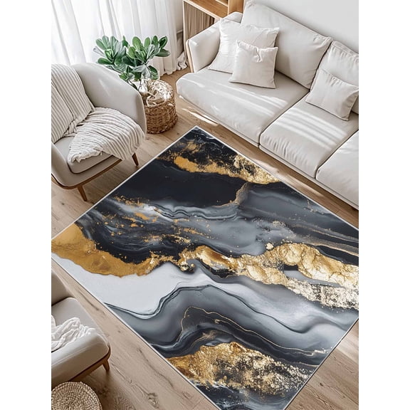 Abstract Marble Texture Area Rug for Bedroom 4x6 Ft Black Gold Crack Gradient Super Soft fuzzy Throw Rug Non-Slip Fluffy Plush Indoor Floor Carpet for Living Room Nursery Home Decor