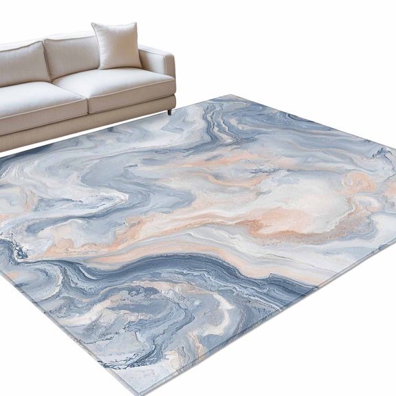 Abstract Marble Texture Area Rug, Blue Gray Tone Vortex Effect Non-Slip Felt Rubber Backing Rectangle Indoor Carpet Washable Rugs for Living Room Bedroom 9x12