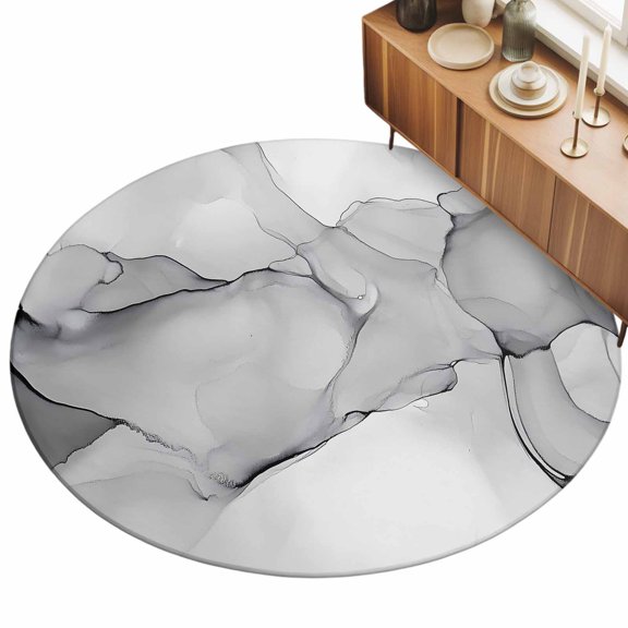 Abstract Marble Texture Area Rug, Gradient Light Gray Non-Slip Felt Rubber Backing Round Indoor Carpet Washable Rugs for Living Room Bedroom 3ft