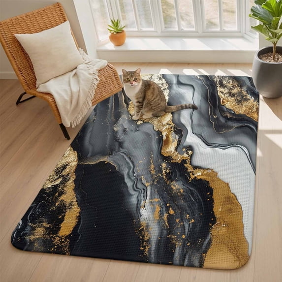 Abstract Marble Texture Area Rugs for Living Room 5x6, Black Gold Crack ...