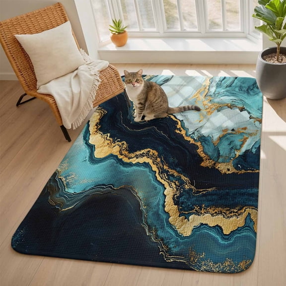 Abstract Marble Texture Area Rugs for Living Room 5x6, Teal Gold Black Modern Art Washable Area Rug with Non Slip Backing, Stain Resist Linen Carpet for Bedroom, Dining Room, Entryway, Entrance