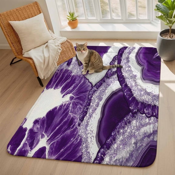 Abstract Marble Texture Area Rugs for Living Room 5x6, White Dark Purple Cracke Rock Washable Area Rug with Non Slip Backing, Stain Resist Linen Carpet for Bedroom, Dining Room, Entryway, Entrance