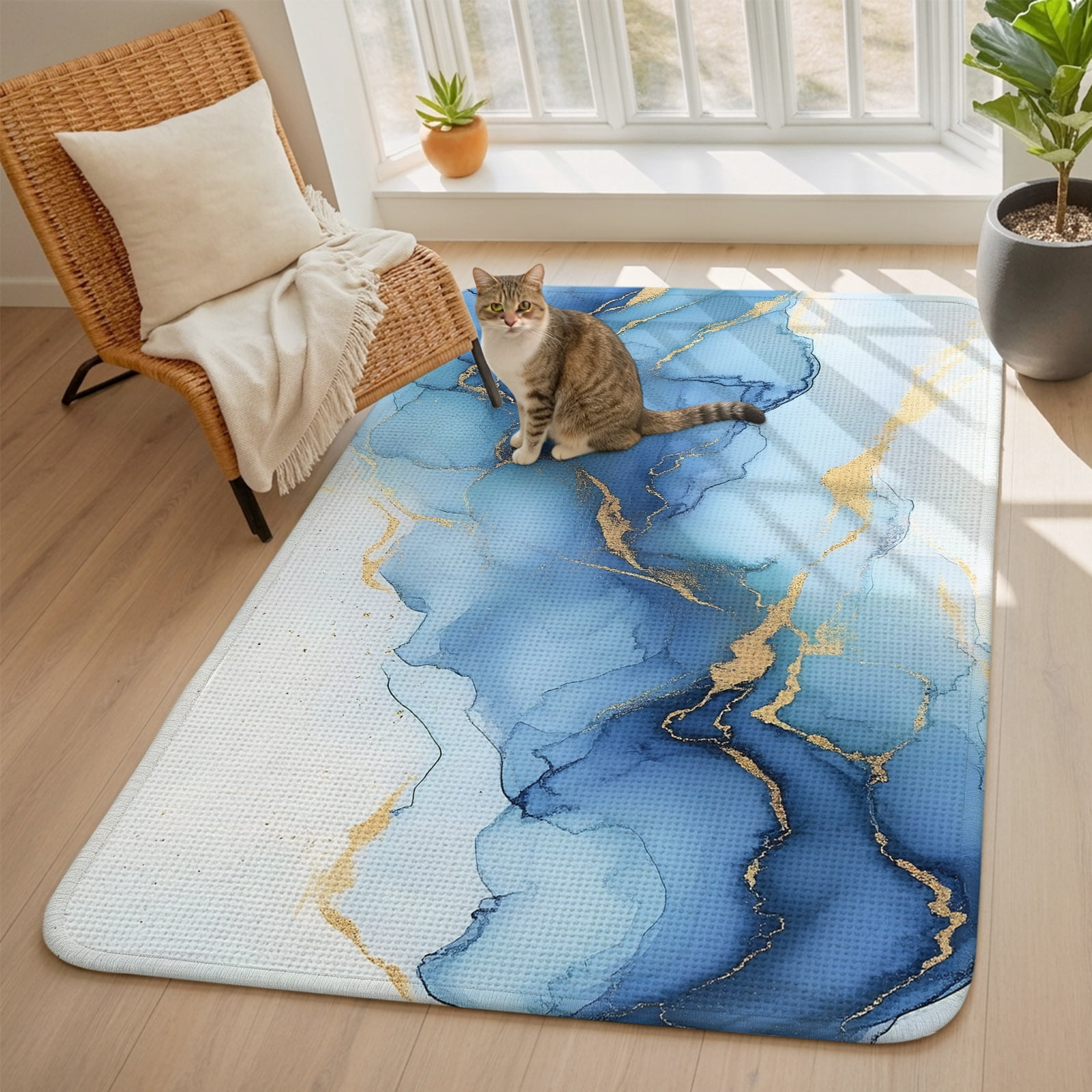 Abstract Marble Texture Area Rugs for Living Room 5x7, Gold Blue ...