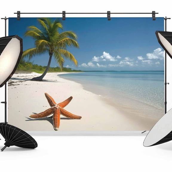 Summer Beach Backdrop for Photography, Palm Tree Blue Sky Starfish Seaside Scenery Photo Backdrop Portrait Background Party Banner Photo Backgrounds for Studio Booth Props, 8x6ft