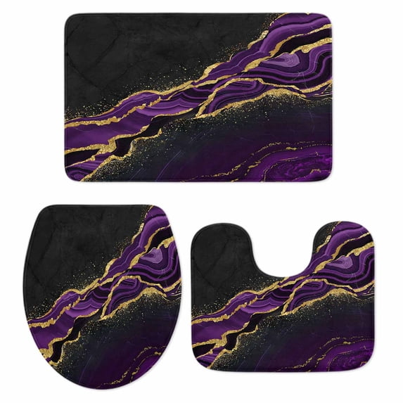 Abstract Marble Texture Bathroom Rugs Set Vintage Purple Black Fluid Non Slip Absorbent Soft Bath Mats 3 Piece Set with Bathroom Rug, U-Shaped Floor Mat, Toilet Seat Cover Large Size