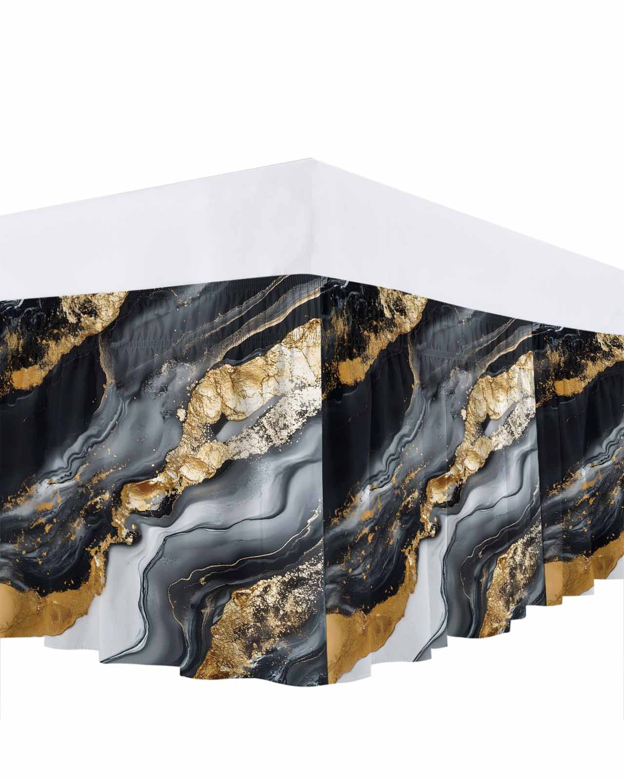 Abstract Marble Texture Bed Skirt Black Gold Crack Gradient Bed Skirts Queen Size 16 Inch Drop, Wrap Around Dust Ruffle&nbsp;Bedskirt with Adjustable Elastic Belt for Queen Size Beds