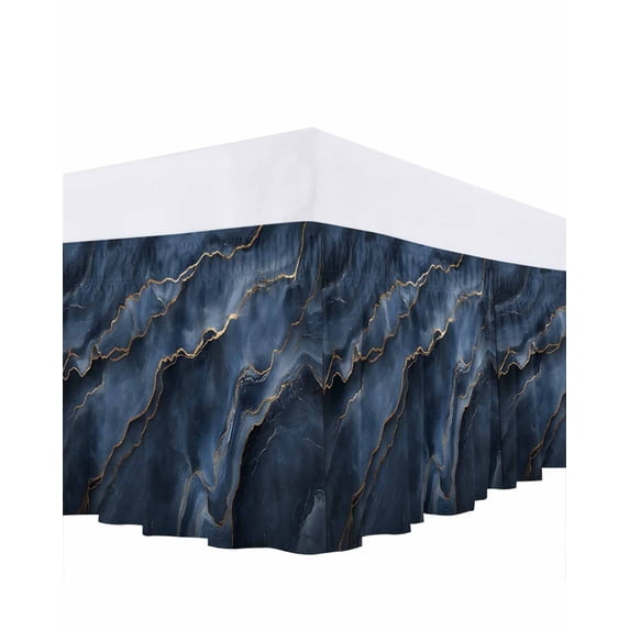 Abstract Marble Texture Bed Skirt King Size 16" Drop Deep Blue Gold Crack Art Ruffled Wrap Around Bed Skirts Adjustable Elastic Bedskirt Dust Ruffle for King Size Bed