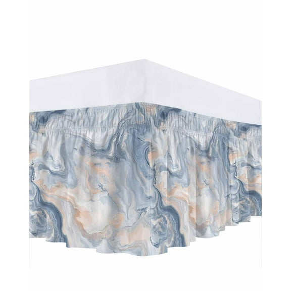 Abstract Marble Texture Bed Skirt Queen Size 16" Drop Blue Gray Tone Vortex Effect Ruffled Wrap Around Bed Skirts Adjustable Elastic Bedskirt Dust Ruffle for Queen Size Bed