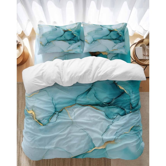 Abstract Marble Texture Bedding Duvet Cover Set King Size 4 Pieces Teal Gradient Art Bedding Set with Zipper Closure, 1 Comforter Cover 92x106 Inches 1 Flat Sheet & 2 Pillow Cases