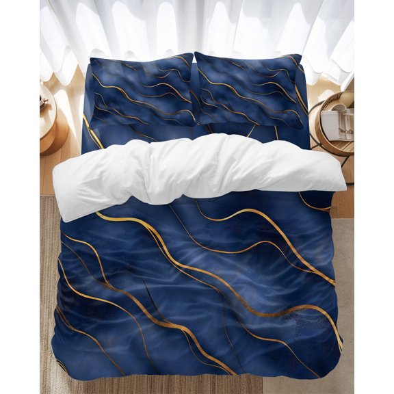 Abstract Marble Texture Bedding Duvet Cover Set Queen Size 4 Pieces Deep Blue Gold Wave Art Bedding Set with Zipper Closure, 1 Comforter Cover 90x90 Inches 1 Flat Sheet & 2 Pillow Cases