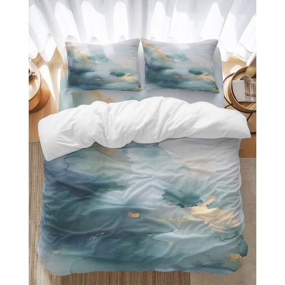 Abstract Marble Texture Bedding Duvet Cover Set Queen Size 4 Pieces Green Golden Graffiti Art Bedding Set with Zipper Closure, 1 Comforter Cover 90x90 Inches 1 Flat Sheet & 2 Pillow Cases
