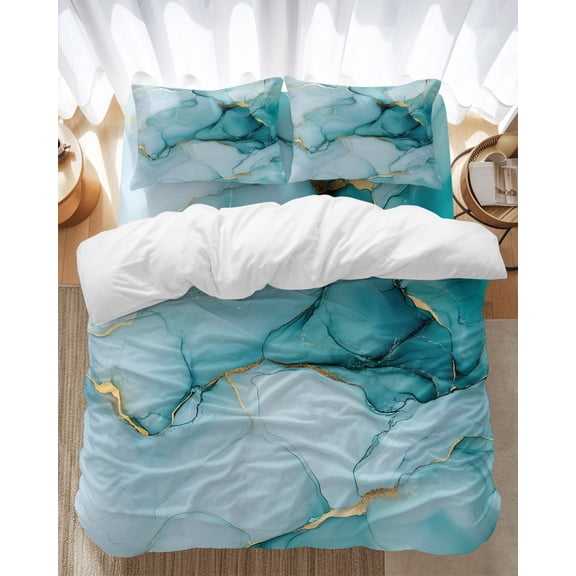 Abstract Marble Texture Bedding Duvet Cover Set Queen Size 4 Pieces Teal Gradient Art Bedding Set with Zipper Closure, 1 Comforter Cover 90x90 Inches 1 Flat Sheet & 2 Pillow Cases