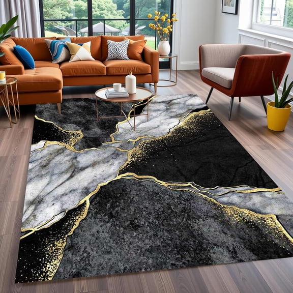 Abstract Marble Texture Black Grey Area Rug, Luxury Modern Design Carpet, Washable Non Slip Soft Pile, Living Room Bedroom Dining Room Office Mat 5x8ft