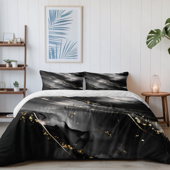Abstract Marble Texture California King Size Bed Set,Black Grey Gradient Stone Art Bedding for All Seasons,4 Pcs Bed Set with 1 Quiltcover (96"x104"),1 Sheet (110"x98"),2 Pillowcases (20"x36")