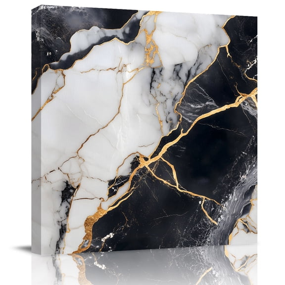 Abstract Marble Texture Canvas Artwork Painting Art, Modern Black White Gold Stone Art Square Framed Wall Decorations Prints Picture for Bedroom Kitchen Living Room, 12x12 in