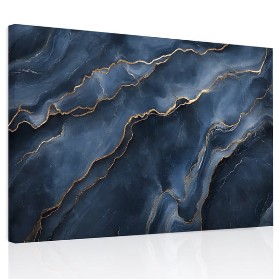 Abstract Marble Texture Canvas Print Wall Art, Deep Blue Gold Crack Art Wall Decor Modern Artwork Paintings Pictures for Living Room Framed and Stretched Ready to Hang, 24" x 32"