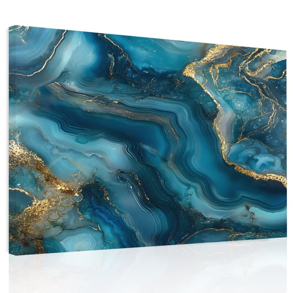 Abstract Marble Texture Canvas Print Wall Art, Gradient Gold Deep Blue Art Wall Decor Modern Artwork Paintings Pictures for Living Room Framed and Stretched Ready to Hang, 16" x 20"