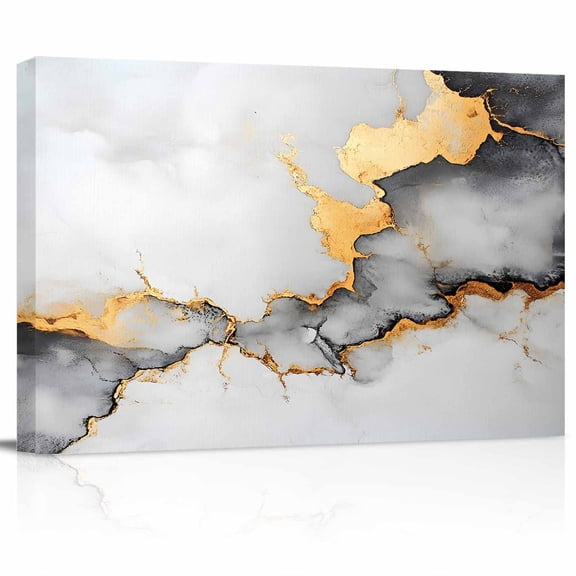 Abstract Marble Texture Canvas Print Wall Art Grey White Gradient Gold Crack Art Pictures Painting Morden Artwork for Living Room Bedroom, Ready to Hang - 12"x16"