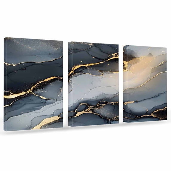 Abstract Marble Texture Canvas Wall Art 3 Panels, Grey Shinny Gold ...