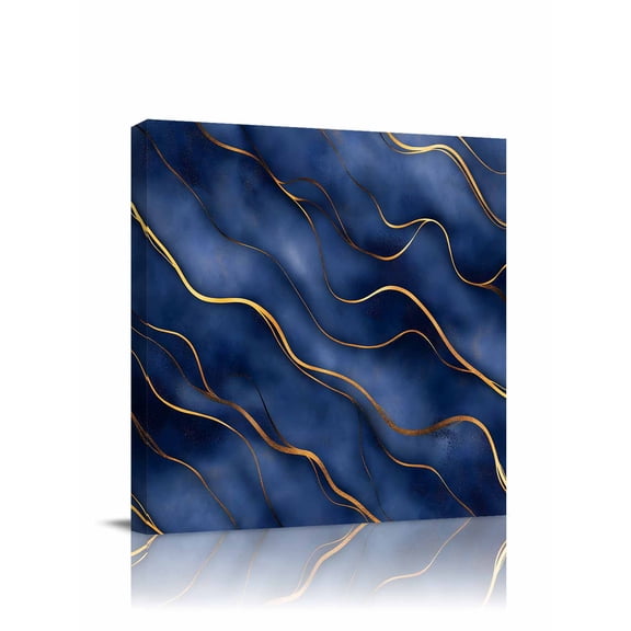 Abstract Marble Texture Canvas Wall Art, Deep Blue Gold Wave Art Framed Wall Decor Modern Artwork Prints Painting for Living Room, Bedroom, Kitchen & Cafe Decor 16x16 Inch