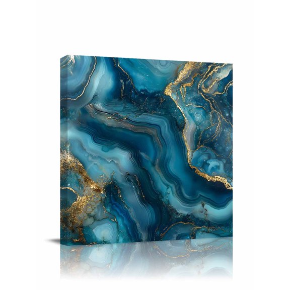 Abstract Marble Texture Canvas Wall Art, Gradient Gold Deep Blue Art Framed Wall Decor Modern Artwork Prints Painting for Living Room, Bedroom, Kitchen & Cafe Decor 28x28 Inch