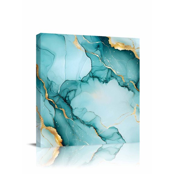 Abstract Marble Texture Canvas Wall Art, Teal Gold Gradient Art Framed Wall Decor Modern Artwork Prints Painting for Living Room, Bedroom, Kitchen & Cafe Decor 8x8 Inch