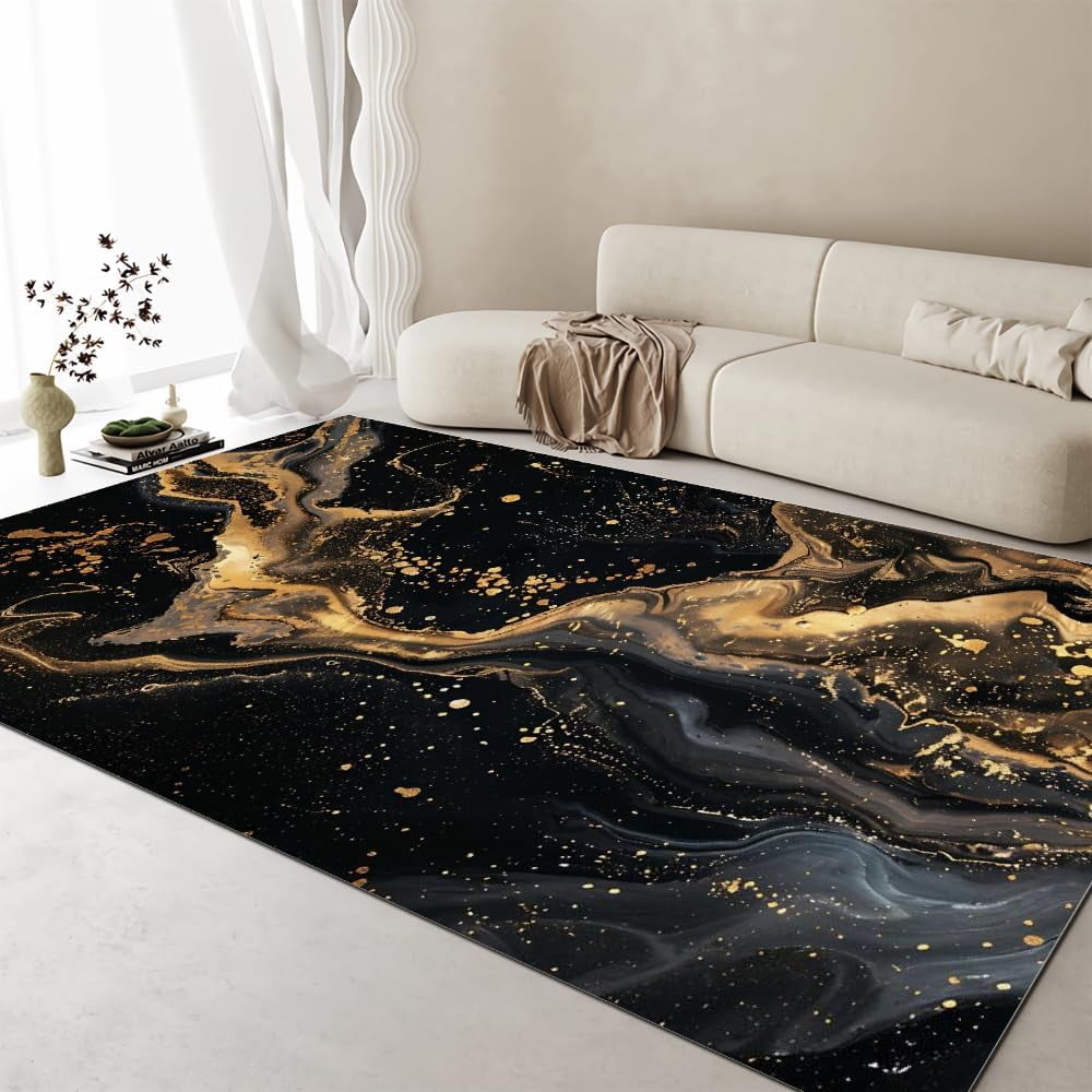 Abstract Marble Texture Design Area Rug, Luxury Black Gold Liquid ...