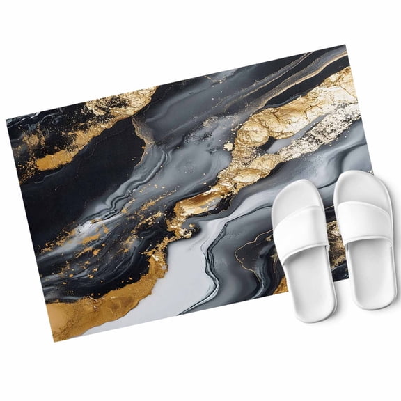 Abstract Marble Texture Door Mat Black Gold Crack Gradient Non Slip Absorbent Entrance Mat Washable Low Profile Indoor Doormat for Front Door Entryway Entry 16"x24"