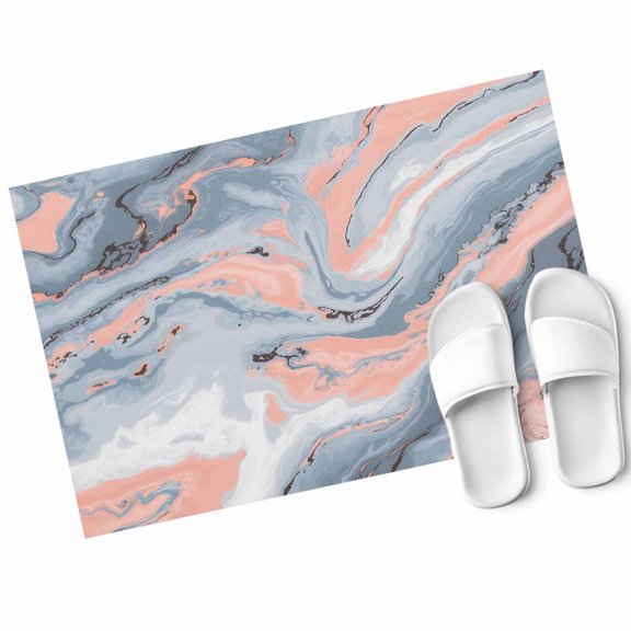 Abstract Marble Texture Door Mat Coral Pink Grey Blue Gradient Stone Non Slip Absorbent Entrance Mat Washable Low Profile Indoor Doormat for Front Door Entryway Entry 16"x24"