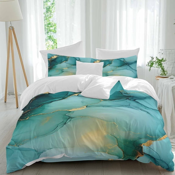Abstract Marble Texture Duvet Cover Set King Size, Teal Green Gradient Gold Crack Art 4 Piece Soft Microfiber Bedding Set with 1 Duvet Cover, 1 Flat Sheet, 2 Pillowcases