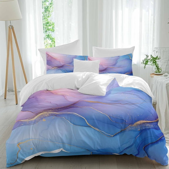 Abstract Marble Texture Duvet Cover Set Queen Size Blue Pink Gradient Gold Crack Art Soft Lightweight Comforter Covers 4 Piece Bedding Set with 1 Duvet Cover 1 Bed Sheet & 2 Pillow Shams