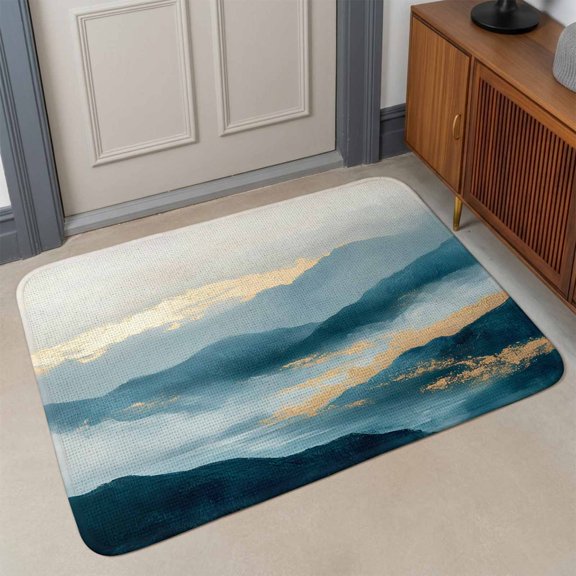 Abstract Marble Texture Front Door Mat Indoor Entrance, Gradient Mountain Green Forest Art Absorbent Dirt Resist Welcome Mats Non-Slip Low-Profile Doormat Washable Entry Rug Indoor Outdoor 17x30 Inch