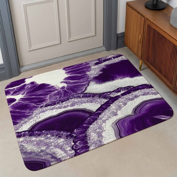 Abstract Marble Texture Front Door Mat Indoor Entrance, White Dark Purple Cracke Rock Absorbent Dirt Resist Welcome Mats Non-Slip Low-Profile Doormat Washable Entry Rug Indoor Outdoor 17x30 Inch