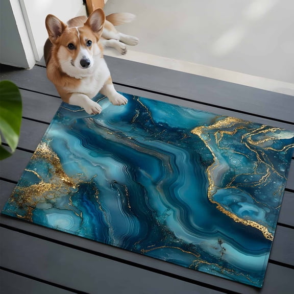 Abstract Marble Texture Front Door Rugs 2x3 ft Gradient Gold Deep Blue Art Small Rug for Entryway Non Slip Washable Bathroom Door Mat Absorbent Floor Mat for Indoor Entrance