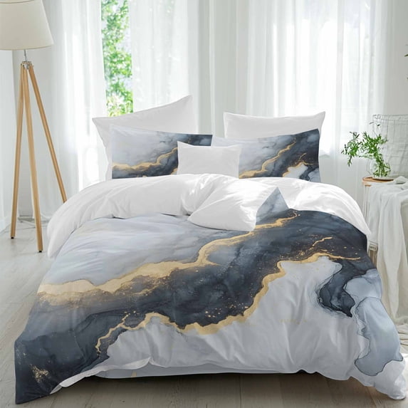 Abstract Marble Texture Full Duvet Cover Set, Grey Black Gradient Gold ...