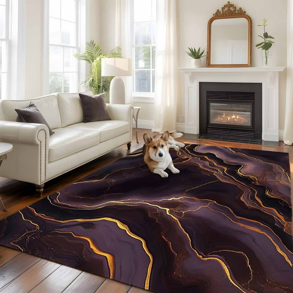 Abstract Marble Texture Large Area Rugs 8x10 ft Purple Gold Modern Art Washable Rug Non Slip Indoor Carpet Absorbent Floor Mat for Living Room Bedroom Dining Room