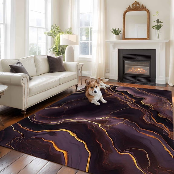 Abstract Marble Texture Large Area Rugs 8x10 ft Purple Gold Modern Art Washable Rug Non Slip Indoor Carpet Absorbent Floor Mat for Living Room Bedroom Dining Room