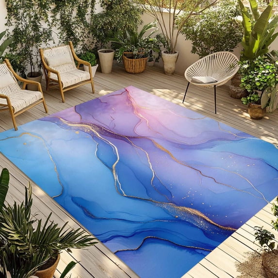 Abstract Marble Texture Outdoor Rug, Blue Pink Gradient Gold Crack Art ...