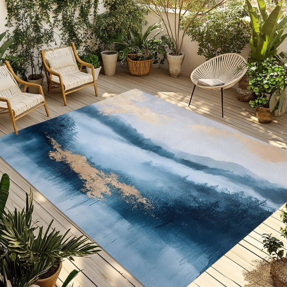 Abstract Marble Texture Outdoor Rug, Gradient Green Forest Mountain Art Non-Slip Area Rugs Carpet Breathable Large Floor Mat for Outdoors Patio Porch Deck Beach 3’ x 5’